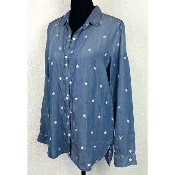 SNEAK PEEK • Blue Chambray Denim Star Print Long Sleeve Button-Down Shirt - Picture 4 of 14